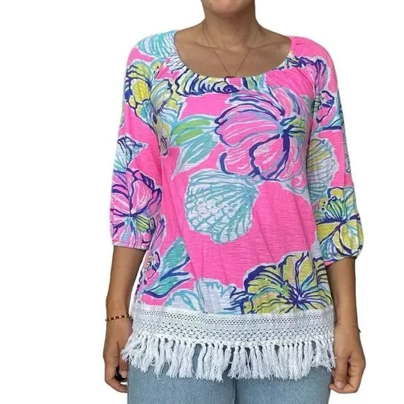Lilly Pulitzer Multicolored Floral Fringe Blouse Top Size Small Hibiscus Print - Picture 2 of 6